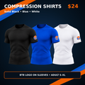 Solid black blue and white Big Time Ballers compression shirts with sleeve-only logos