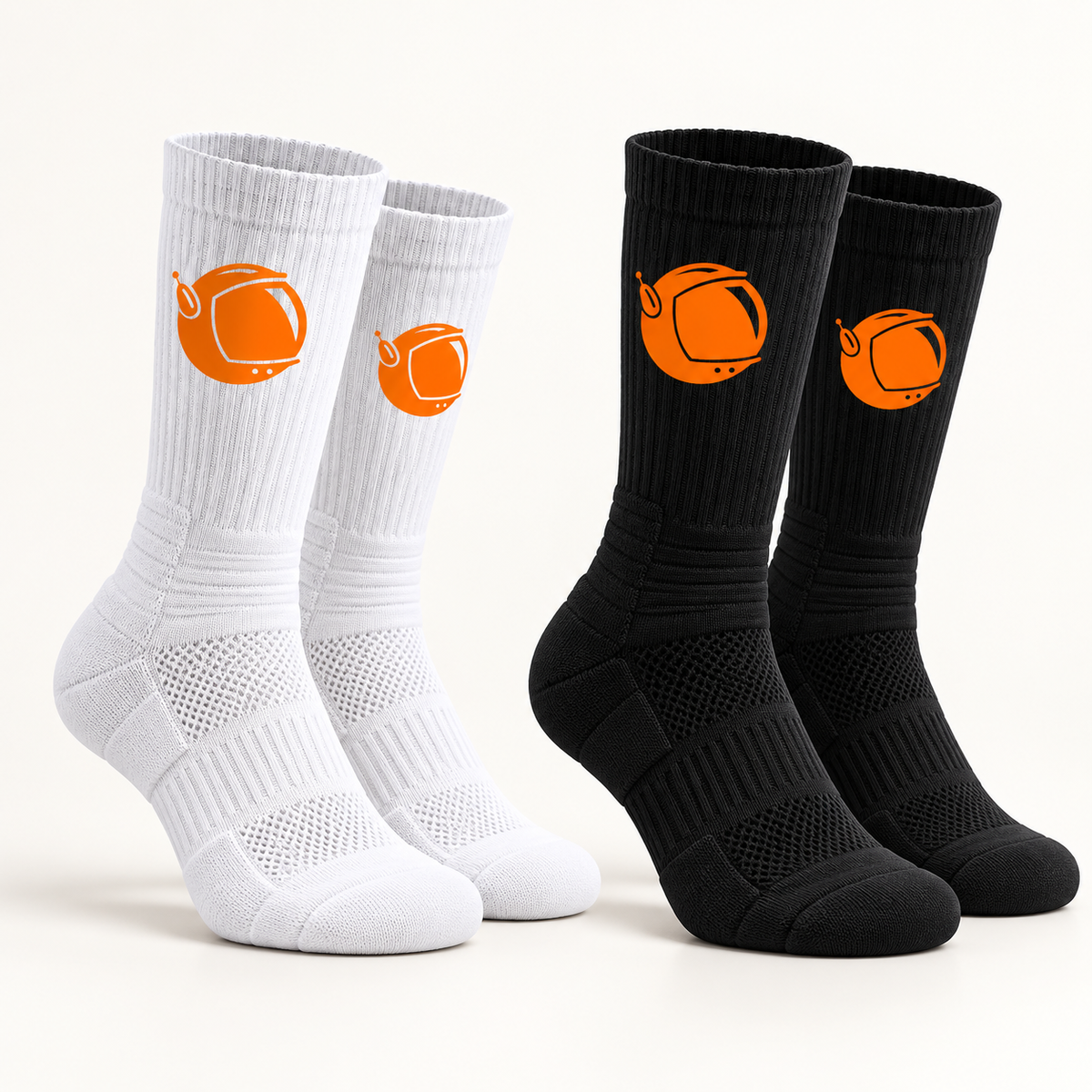 Big Time Ballers black and white performance crew socks with orange astronaut logo