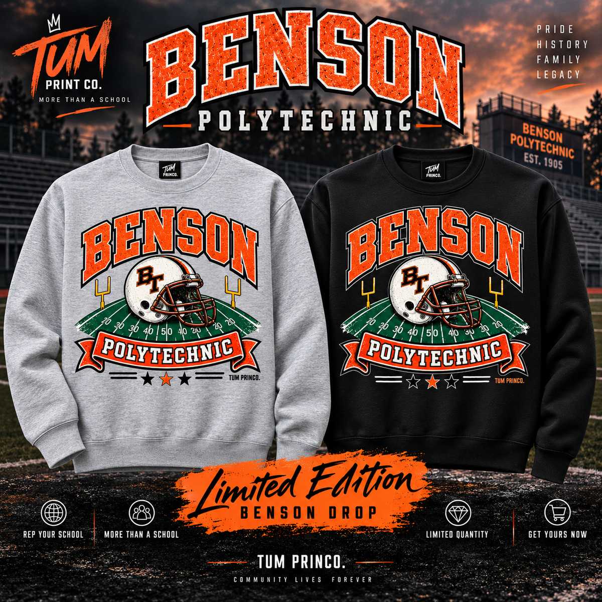 Benson Polytechnic limited edition crewnecks in gray and black